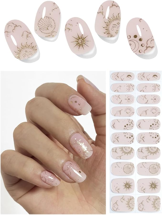 Semi Cured Gel Nail Strips, 20pcs Bohnemian Style Gel Nail Stickers UV for Home Nails DIY
