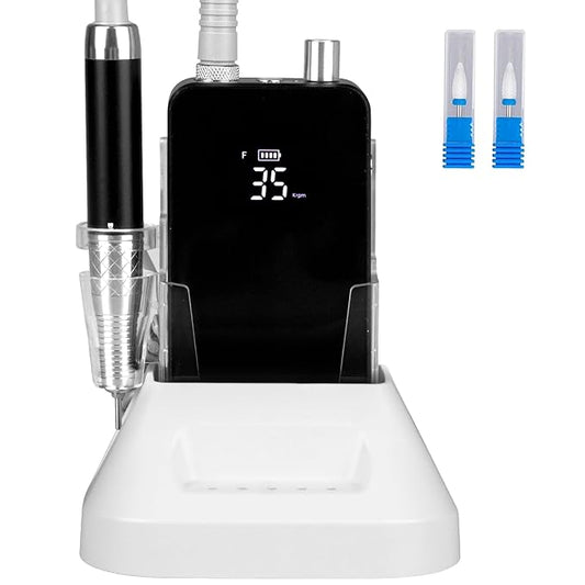 2-in-1 Brushless Nail Drill, AZ GOGO 35000RPM Professional Salon Electric Cordless Nail File Rechargeable Portable Nail Drill Machine for Gel/Acrylic Nails (Black)