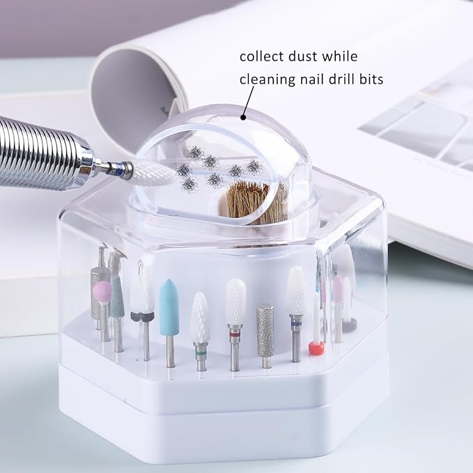 2 in1 Nail Drill Bit Holder and Nail Drill Bits Cleaner Brush Case, 24 Holes White Nail Drill Bit Holder Stand Display Organizer Dust Proof Storage Container Box Case Nail Tech Supplies