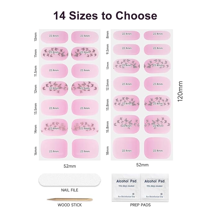 Semi Cured Gel Nail Strips，28 Pcs Gel Nail Stickers/Wraps (Butterfly),Long Lasting Stickers UV Lamp Required,Easy to Apply