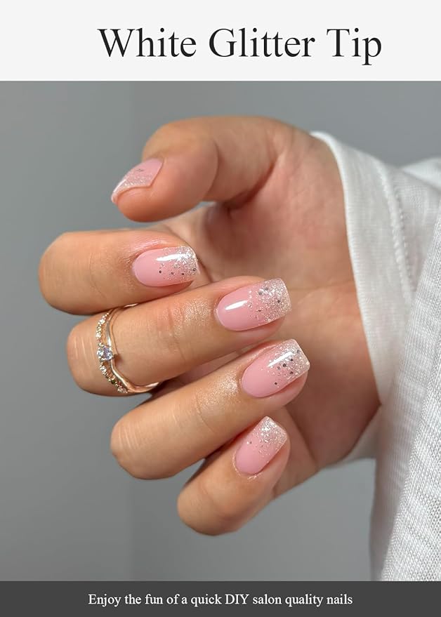 Semi Cured Gel Nail Strips (White Glitter Tip), 20 Pcs Pink Gel Nail Wraps, Stickers, UV Light Required, Salon Quality, Long Lasting