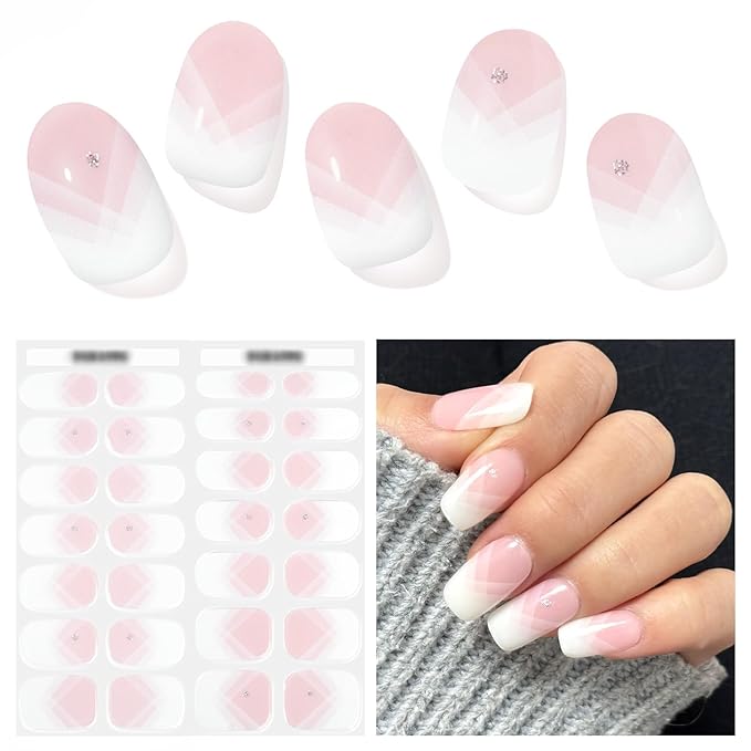 Semi Cured Gel Nail Strips, Overlap French | 28 pcs Gel Nail Stickers Wraps, Work with Any UV Lamp, Salon Quality, Easy to Apply for Home DIY