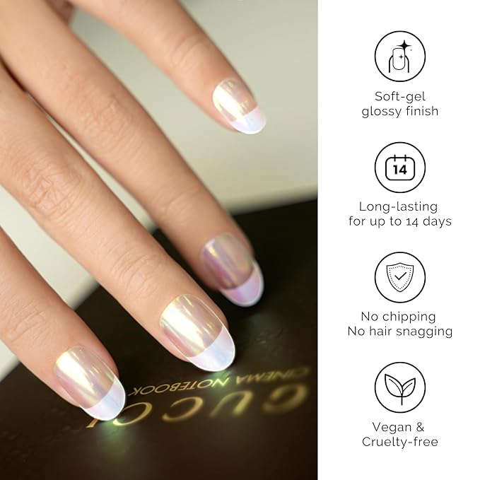 Semi Cured Gel Nail Strips - NAILOG 34 Pcs French Clear Glitter Nail Stickers Extra Long Wraps with Glossy Gel Finishing, Magic Aura