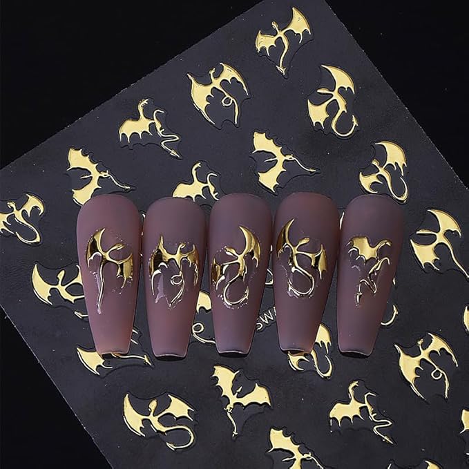 Halloween Nail Art Stickers Decals Metal Dragon Nail Decals Self-Adhesive Shiny Gold Silver Black Laser Dragon Nail Art Design Sticker Festival Fall Nail Stickers for DIY Manicure Decorations 4PCS
