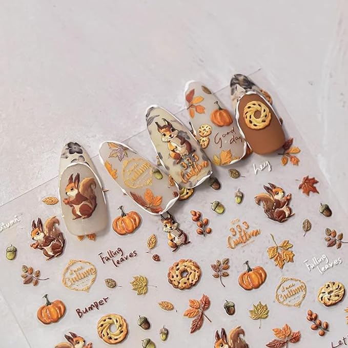 1 Sheets Fall Nail Stickers Autumn Maple Leaf Nail Art Stickers for Nail Art Cute Pine Cones Pumpkin Designs 5D Embossed Self-Adhesive Thanksgiving Nail Decals for Women Acrylic Manicure DIY