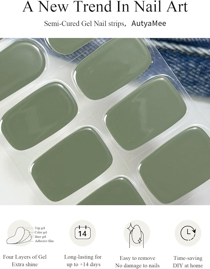 Semi Cured Gel Nail Strips (Moss Green), 20 Pcs Gel Nail Wraps, Stickers, Salon Quality, Long Lasting, Works with Any Lamps