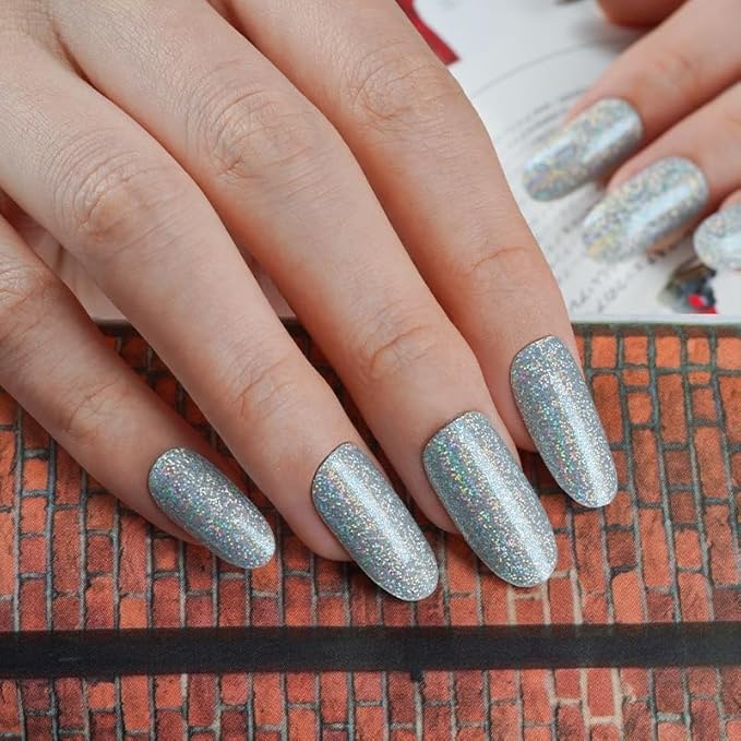 Semi Cured Gel Nail Strips, Silver Glitter | 28pcs Gel Nail Strips Work with Any uv lamp,Gel Nail Stickers for Women Girls, Includes Prep Pads, Nail File & Wood Stick
