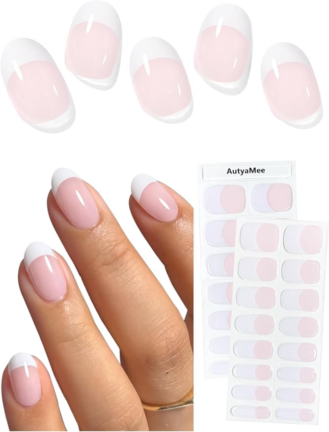 Semi Cured Gel Nail Strips (Classic White French), 30 Pcs Gel Nail Wraps, Stickers, UV Light Required
