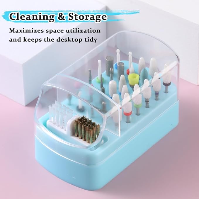 2 in 1 Nail Drill Bit Holder & Cleaner Brush Case, 30 Holes Dustproof Stand Display Organizer Container, Steel Wire & Nylon Double Brush for Cleaning Tungsten Carbide Ceramic Nail Drill Bits Cuticle
