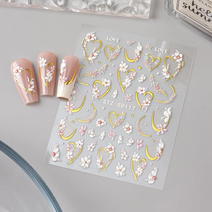JMEOWIO 3D Embossed Flower Nail Art Stickers Decals Self-Adhesive 5D Spring Summer Floral Nail Supplies Nail Art Design Decoration Accessories 4 Sheets
