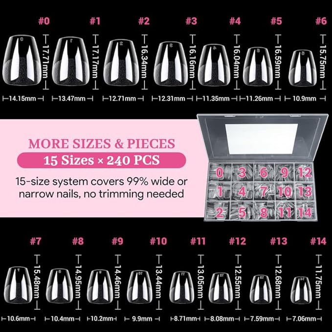 Extra Short Coffin Fake Nail Tips, 15 Sizes 240 PCS Clear Half Matte Press On False Nail Pre-shaped Half Soft Cover Gel Nail Tips Extensions Thick Long Lasting for DIY Beginners & Salon Manicure