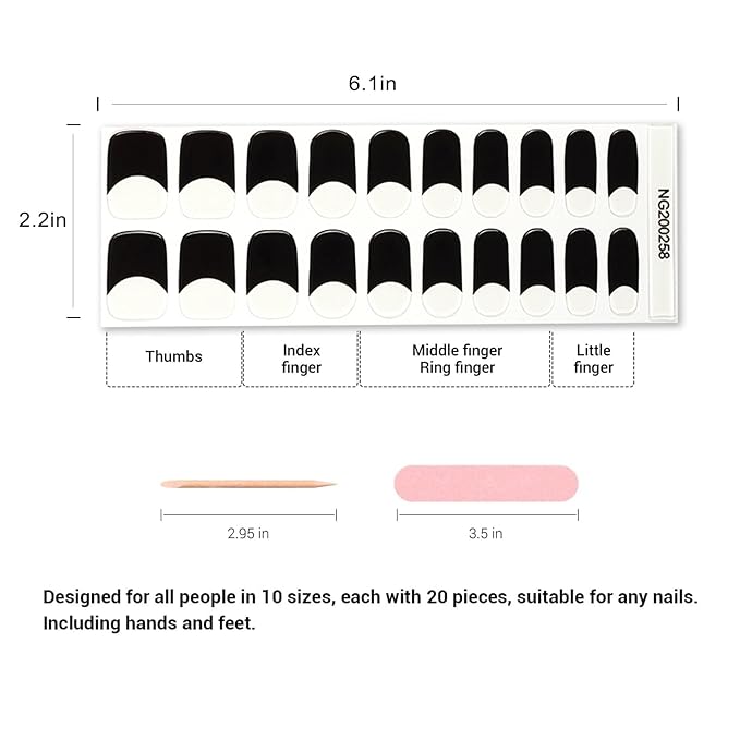 Semi Cured Gel Nail Strips, 20pcs Nail Polish Stickers, French Black Gel Nail Stickers - Work with Any UV Lamp, Long Lasting Full Wraps with Nails File and Stick