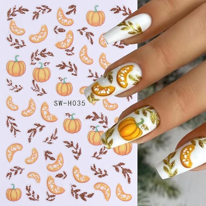 Fall Nail Art Stickers Autumn Leaf Pumpkin Nail Decals 3D Self-Adhesive Nail Art Supplies 6PCS Maple Leaves Pumpkin Nails Design Fall Stickers for Nails Women DIY Manicure Decorations Accessories