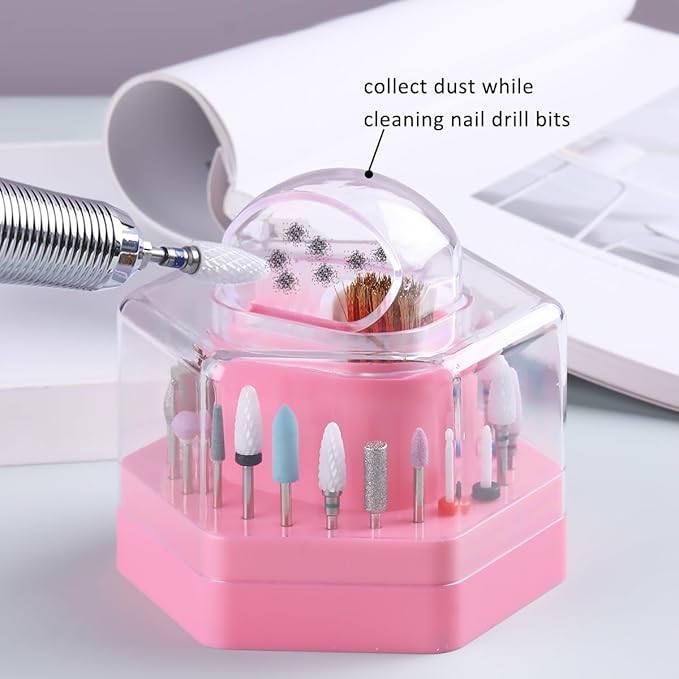2 in1 Nail Drill Bit Holder and Nail Drill Bits Cleaner Brush Case, 24 Holes Pink Nail Drill Bit Holder Stand Display Organizer Dust Proof Storage Container Box Case Nail Tech Supplies