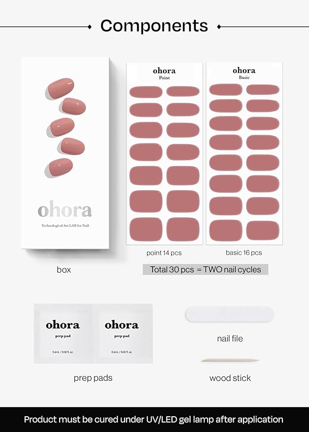 ohora Semi Cured Gel Nail Strips (N Ash Pink) - Pink, Solid, Works with Any UV/LED Lamps, Salon-Quality, Long Lasting, Easy to Apply & Remove - Includes 2 Prep Pads, Nail File & Wooden Stick