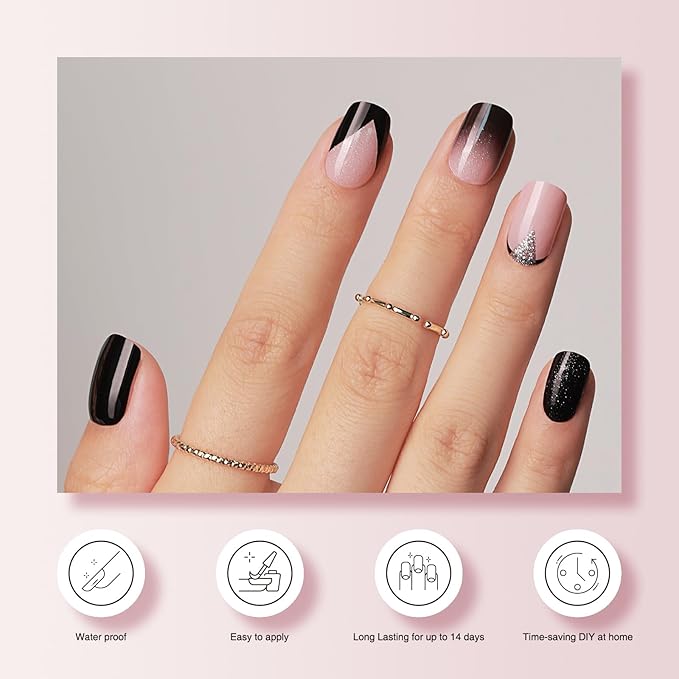 Semi Cured Gel Nail Strips - 30PCS Gel Nail Stickers for UV Light, Long-Lasting Gel Nail Wraps, Salon-Quality Semi Cured Nail Stickers, 2 Weeks Wear, Easy DIY Gel Manicure-Urban Noir