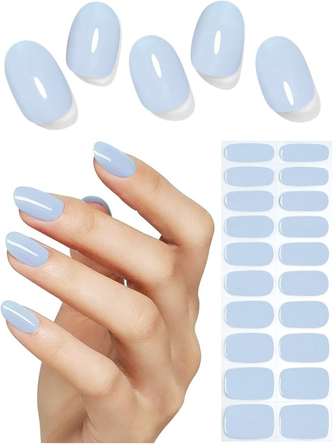 Semi Cured Gel Nail Strips, 20pcs Baby Blue Gel Nail Stickers UV for Home Nails DIY