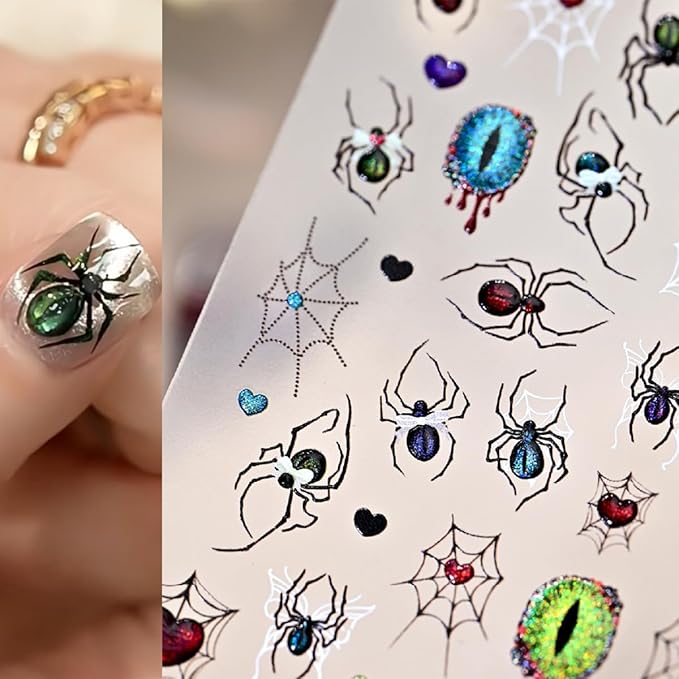 1Pcs Halloween Spider Nail Art Stickers 5D Embossed with Crystal Spider Nails Decals Glitter Heart Eyes Spiders Web Design Goth Nail Stickers Horror Halloween Nails Supplies for Women Acrylic Manicure