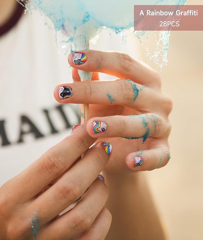 Semi Cured Gel Nail Strips (Rainbow Graffiti), 28 pcs UV Gel Nail Stickers for Women Work with Any UV Lamps, Salon Quality Nails Wraps for Home DIY Nails Art