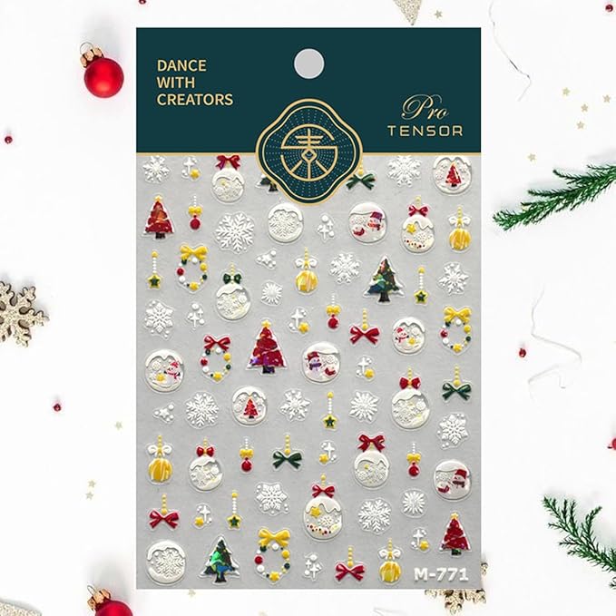 1 Sheet Christmas Nail Art Stickers Snowflake Nail Decals Bow Star Red Green Yellow Ball Christmas Nail Design Relief Wreath Stickers for Manicure Supplies for Women Nail Decoration