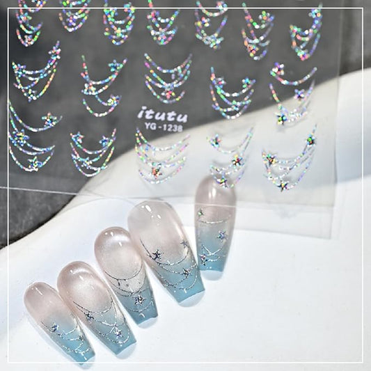 Star Chain Nail Art Stickers Decals Aurora French Star Chains Nail Stickers 1PCS Hot Stamping Silvery Stars Stripe Elegant Self-Adhesive Design Manicure Sliders Accessories for Women Nail Decorations