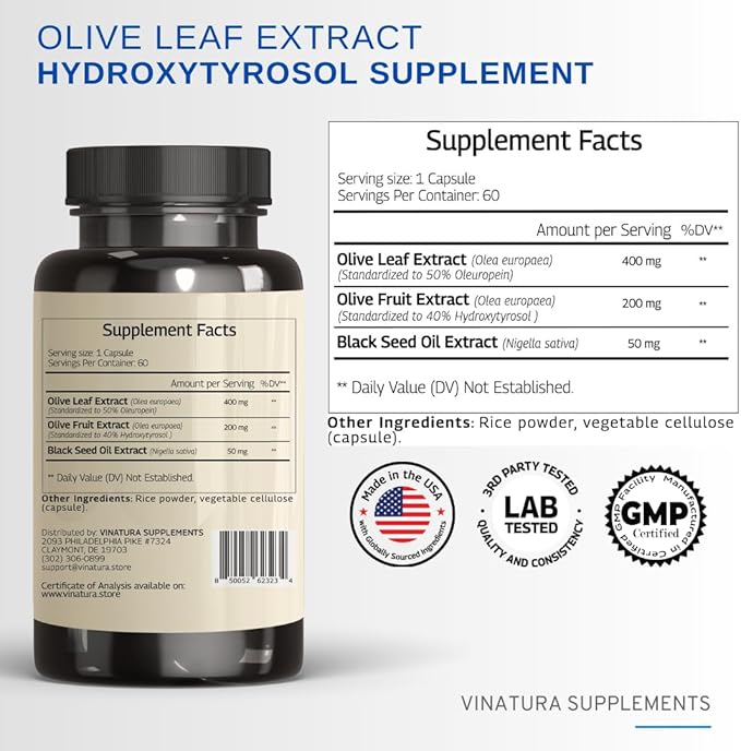 Hydroxytyrosol Supplement, Olive Leaf Extract - 40% Hydroxytyrosol Olive Fruit Extract, 50% Oleuropein Olive Leaf Extract Capsules - 60 Capsules