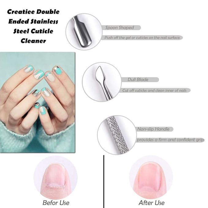 10Pcs Cuticle Pusher Remover and Cutter, Creatiee Double Ended Stainless Steel Cuticle Cleaner Nail Gel Polish Removal, Manicure Pedicure Nail Tools for Fingernails Toenails - Professional & Durable
