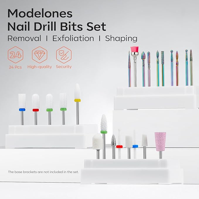 Modelones 24 Pcs Nail Drill Bit Set, 3/32” Ceramic Diamond Carbide Nail Drill Bits, Acrylic Gel Nail Bit Kit, Cuticle Remover Bits for Acrylic Gel Dip Powder Nail Manicure Pedicure