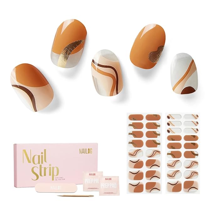 Nailog Semi Cured Gel Nail Strips 34 pcs| Long Lasting Nail Polish Sticker Wraps with Glossy Gel Finish, Maze