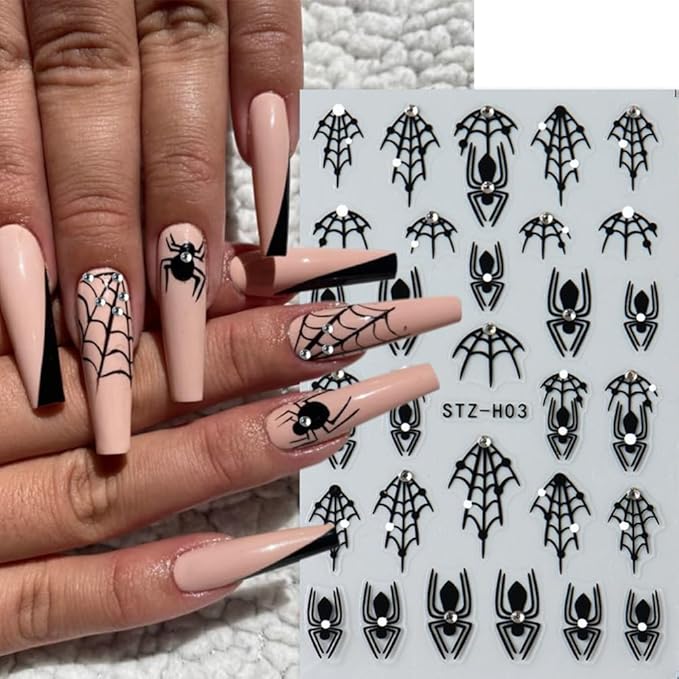 6Pcs Halloween Nail Stickers 3D Spider Web Nail Decals Ghost DIY Self Adhesive Spider Ghost Heart Nail Design Sticker Halloween Nail Decoration Supplies Holiday Manicure Accessories for Women Girls