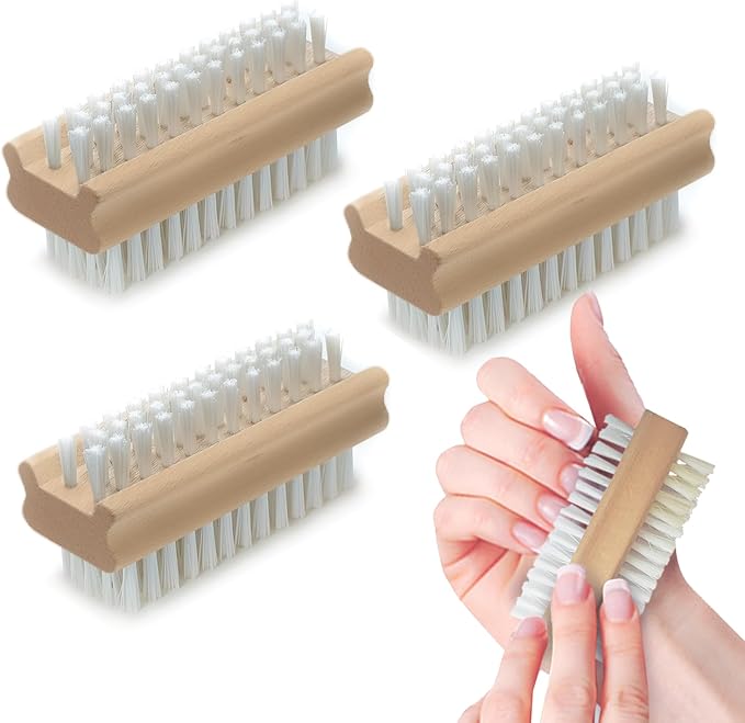 LOLA Classic Hand & Nail Wood Brush, 3 Pack, Heavy Duty 2 Sided Soft & Stiff Bristles, Cleans Hands, Fingernails, Feet & Toenails