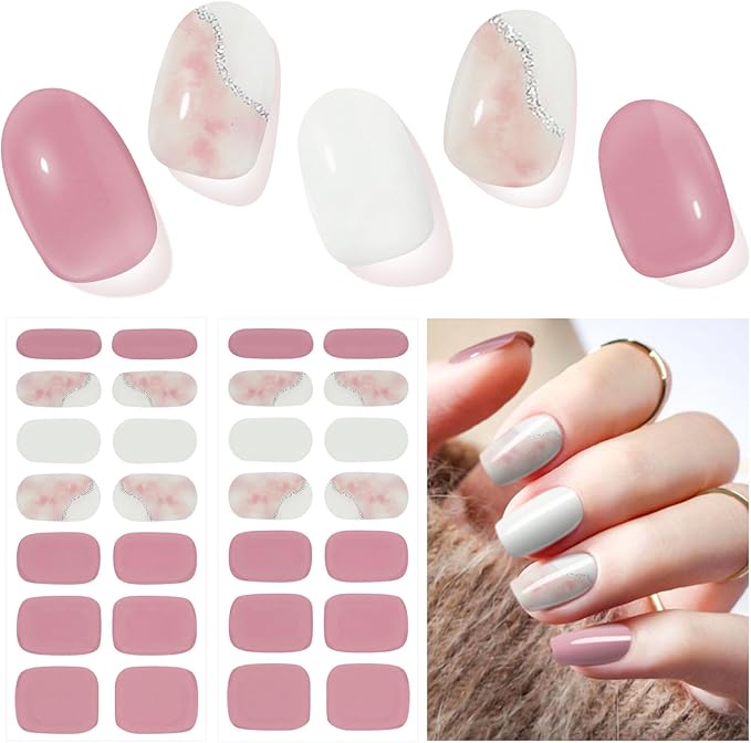 Semi Cured Gel Nail Strips, 28 pcs UV Gel Nail Stickers Full Nails Wraps for Women Home DIY Nails Art, UV Light Required(Pink Camellia)
