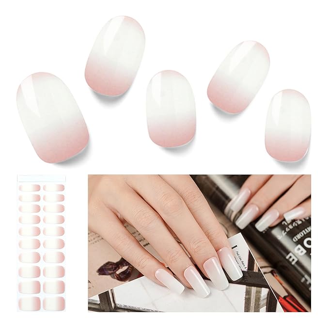 Semi Cured Gel Nail Strips, 20 PCS Gel Nail Stickers Work with UV Light, Gel Nail Wraps, Salon Quality & Easy to Use - Pure Powder