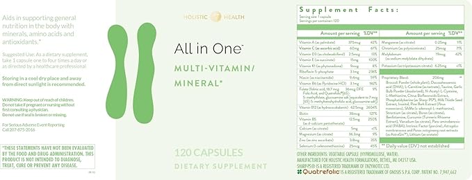 Holistic Health All in ONE Multi Vitamin and Mineral for Antioxidant Boost, Multi Minerals Supplement for Supporting Methylation and Immunity Boost, 120 Capsules