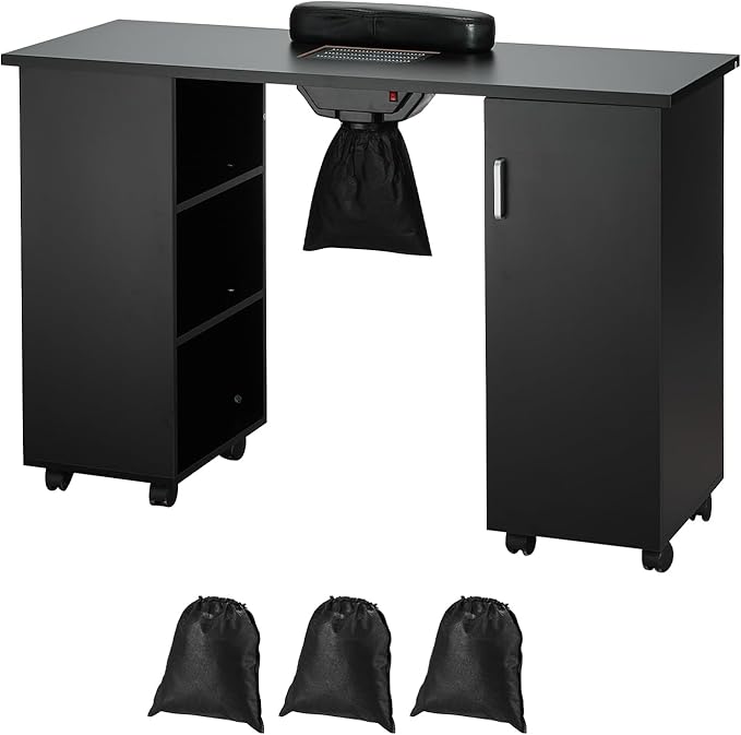 VEVOR Manicure Nail Table, Mobile Nail Station with Powerful Dust Collector, MDF Nail Tech Desk with 8 Lockable Wheels, 3 Dust Bag & Wrist Rest, Nail Art Workstation for Home Spa Beauty Salon