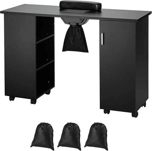 VEVOR Manicure Nail Table, Mobile Nail Station with Powerful Dust Collector, MDF Nail Tech Desk with 8 Lockable Wheels, 3 Dust Bag & Wrist Rest, Nail Art Workstation for Home Spa Beauty Salon