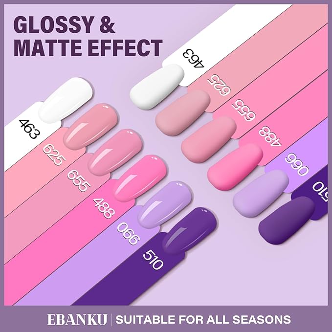 EBANKU 6 Pcs Pink Gel Nail Polish Set, 15ML Same Color Same Bottle White Purple Soak Off Gel Nail Polish Kit Nail Art Manicure Gifts for Women