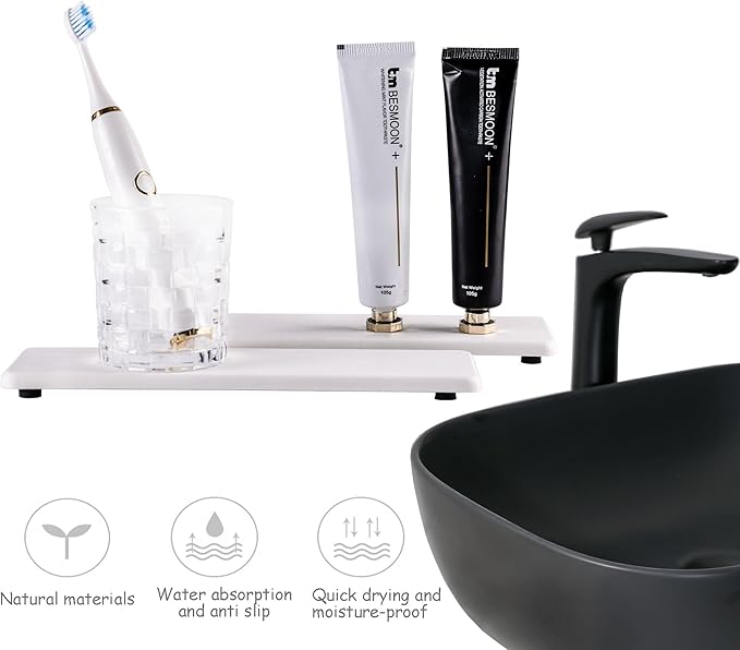 2 Pcs Water Absorbing Stone Trays, Kitchen/Bathroom Sink Soap Dish, Diatomite Tray Used for Hand Soap & Cosmetic Bottles in The Modern Home, 3.15" W x 10.2" L, White