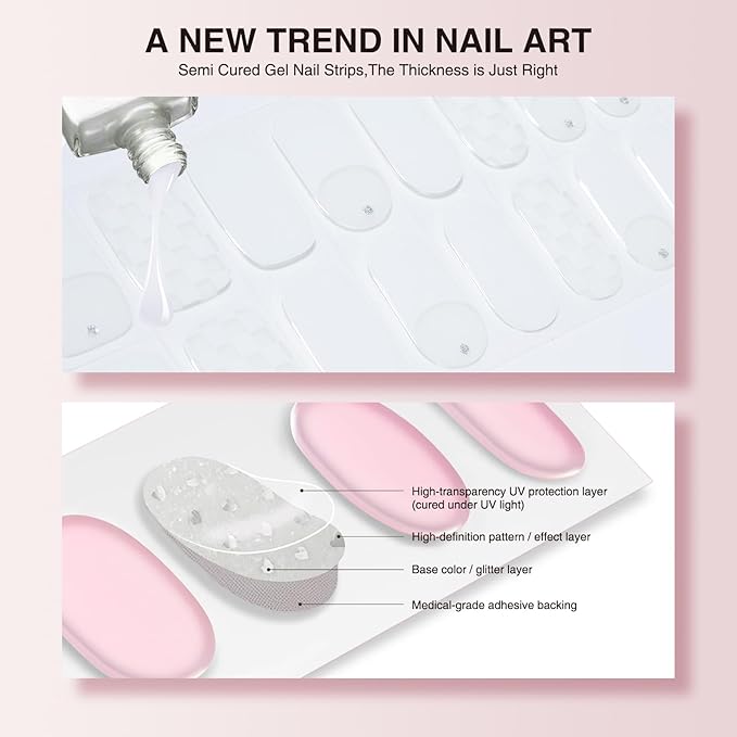 Semi Cured Gel Nail Strips, 20 PCS Gel Nail Stickers - UV Light Wraps, Salon Quality & Easy to Use - French Chess