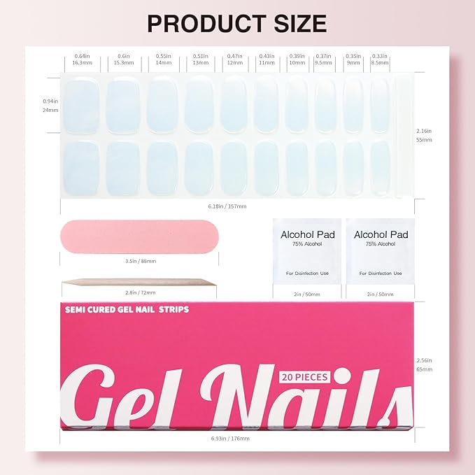 Semi Cured Gel Nail Strips, 20 PCS Gel Nail Stickers Work with UV Light, Gel Nail Wraps, Salon Quality & Easy to Use - Aurora