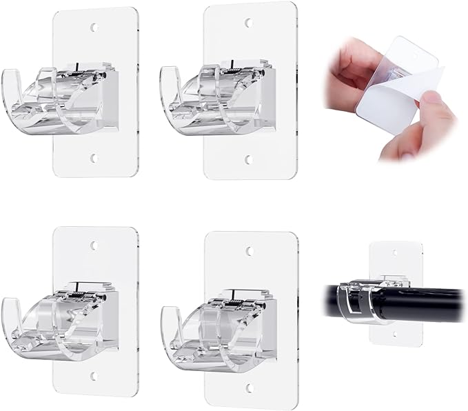 CIEMGNZOC 4PCS No Drill Curtain Brackets, Self-Adhesive Rod Holders, Adjustable Hooks for Rods Under 1.57 Inch (Transparent)