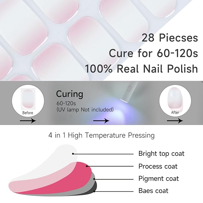 Semi Cured Gel Nail Strips, Pink fingertips| 28 pcs Gel Nail Strips Work with Any UV Lamp, Salon Quality UV Nails Stickers, Easy to Apply for Home Nails DIY