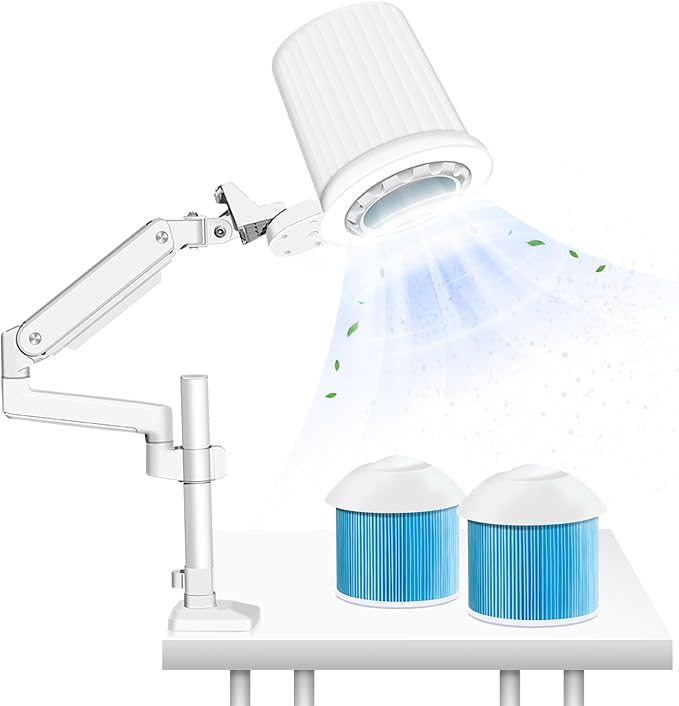 Professional Pedicure Nail Dust Collector, 80W Manicure Vacuum Cleaner Nails Tech Acrylic Dust Extractor Dimmable Lamp Table Mounted for Nail Salon Spa, Powerful Fan Suction (2PCS Reusable Filters)