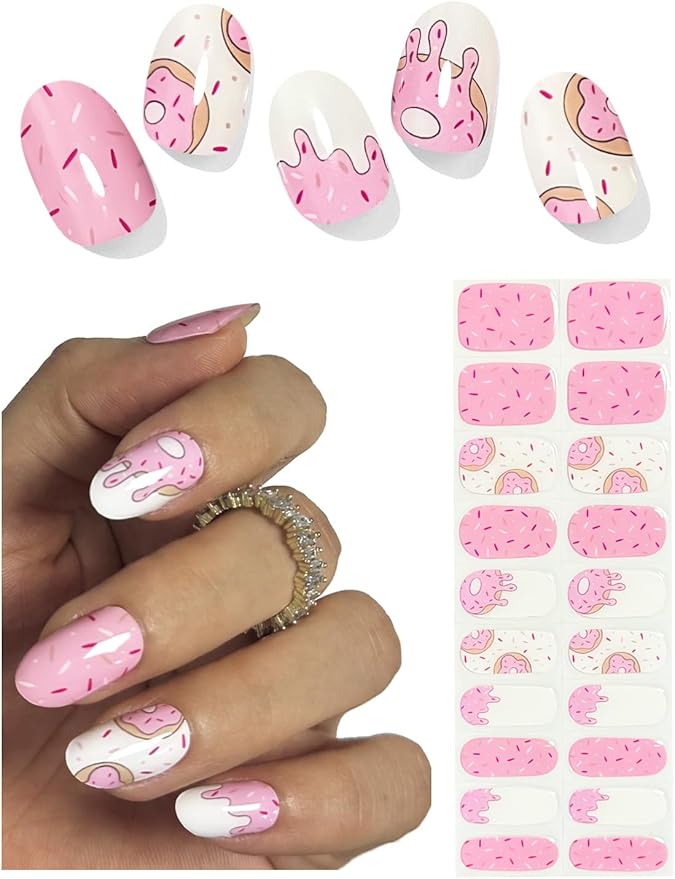 Semi Cured Gel Nail Strips, 20pcs Pink Donut Gel Nail Stickers UV for Home Nails DIY