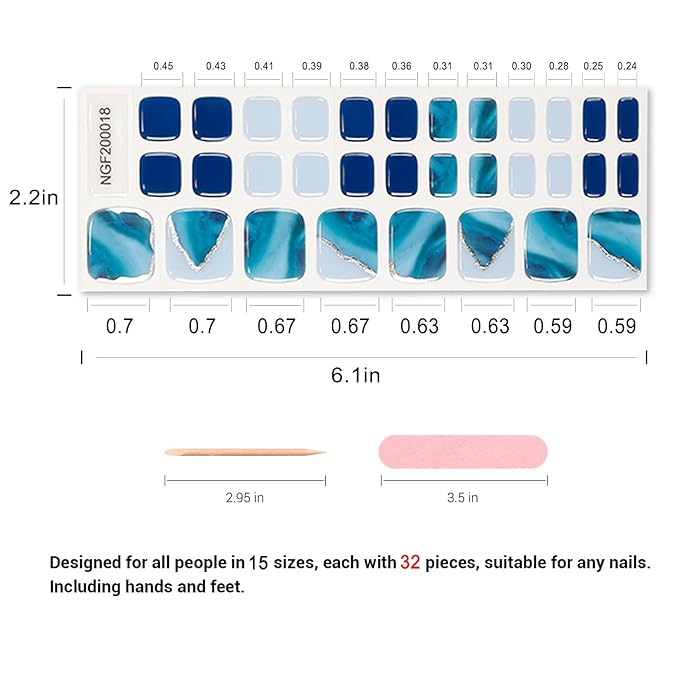 Semi Cured Gel Toenail Strips, 32 Blue Marble Gel Toenail Stickers - Works with Any UV Lamps Pedicure Strips Full Nail Wraps with Nail File & Wood Stick