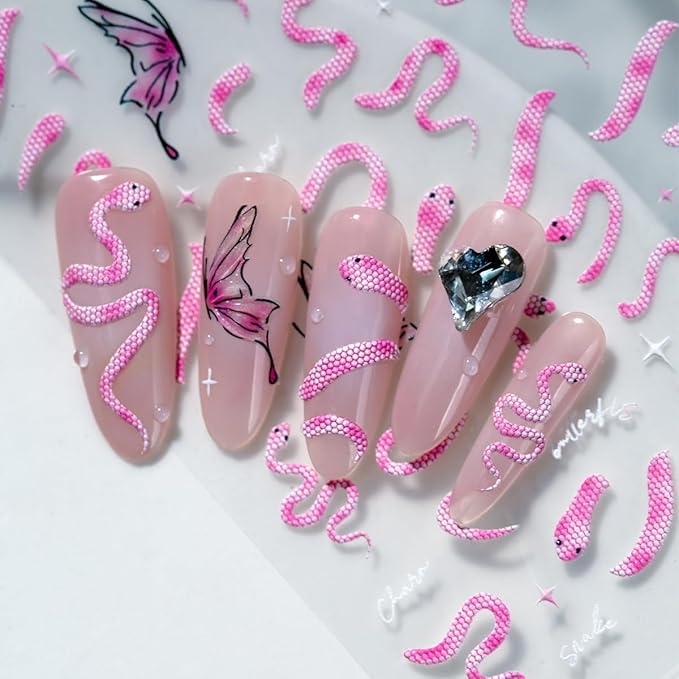 Pink Snake Nail Stickers Butterfly Nail Art Stickers 3D Self-Adhesive Snake Butterfly Star Design Nail Decals Halloween Acrylic DIY Nails Decoration Accessories for Women Holiday Nails