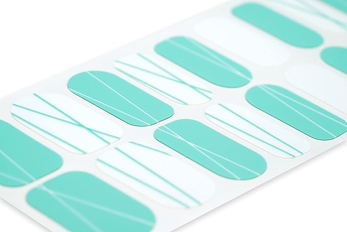 | 20 Exquisite Gel Nail Polish Strips w/Application Accessories - No UV/LED Lamp Required (Teal Matte & Glossy Lines)
