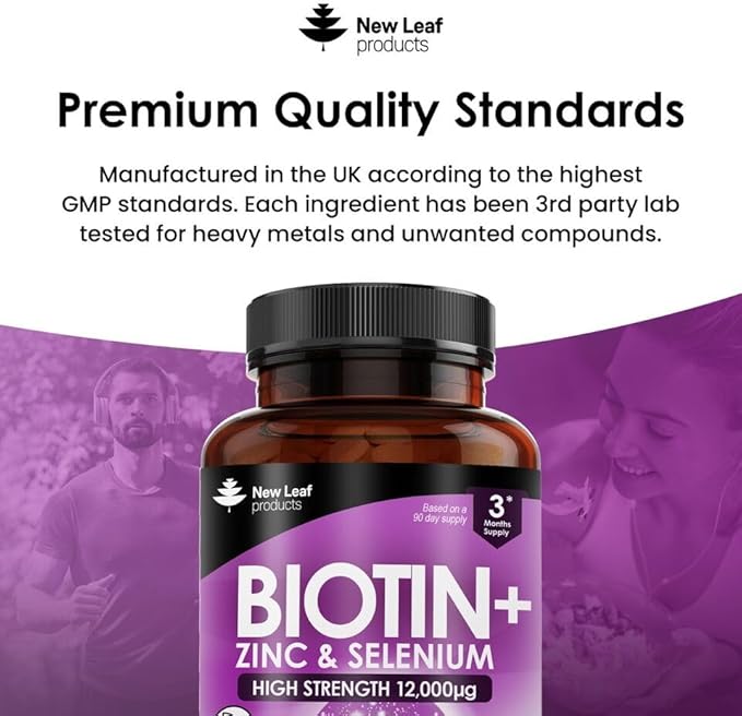Biotin Hair Growth Vitamins 12000mcg High Strength with Coconut Oil - Promotes Healthy Hair Skin & Nails - Biotin Vitamins for Women& Men Vegan, Gluten Free Supplements - Made in The UK by New Leaf