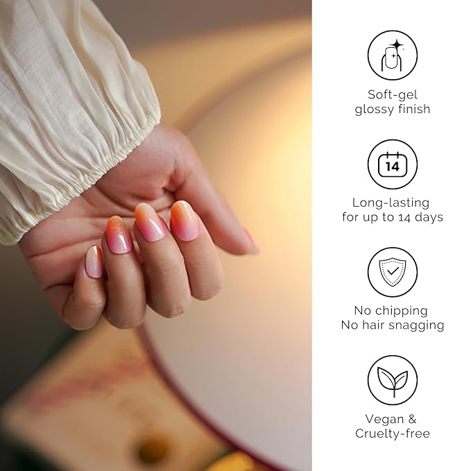 Semi Cured Gel Nail Strips - NAILOG 34 Pcs Nude Pink Gel Nail Stickers Extra Long Nail Wraps with Glossy Gel Finishing for Spring Summer, Pink Aurora