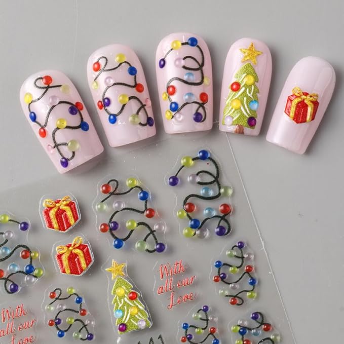 Christmas Nail Stickers 5D Embossed Nail Decals DIY Self Adhesive Nail Design Sticker Christmas Tree Nail Decoration Supplies Holiday Manicure Accessories for Women Girls 3Pcs